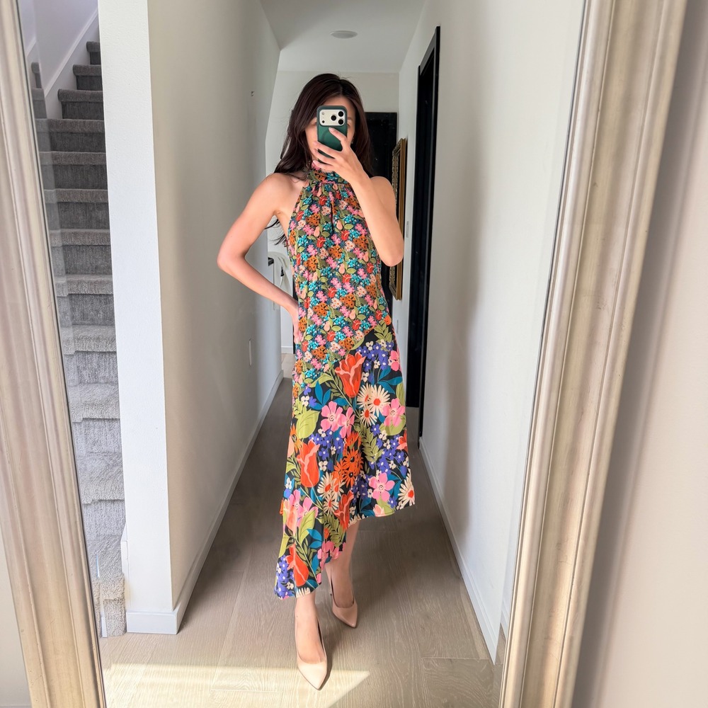Anthropologie 100% Silk Tropical Vacation Floral Boho Retro Halter Midi Dress S